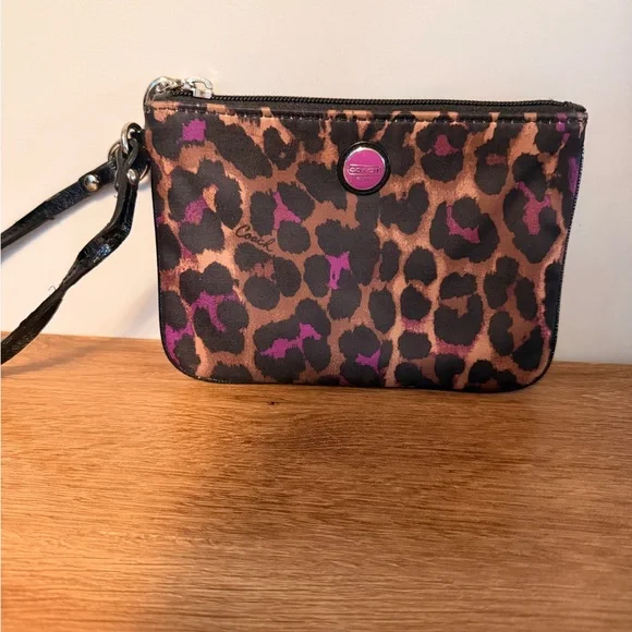 Coach Leopard-Print Wristlet in Brown and Purple - Picture 1 of 9